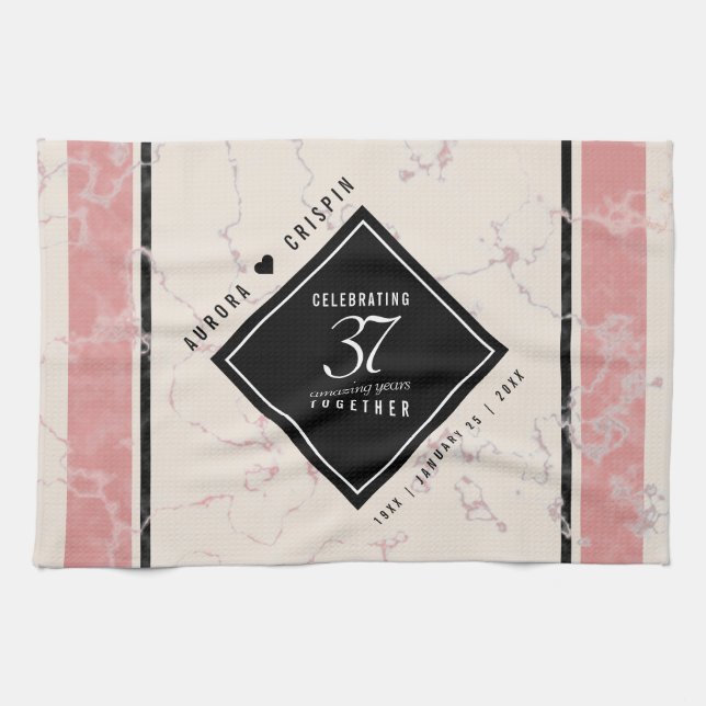 Elegant 37th Alabaster Wedding Anniversary Tea Towel (Horizontal)