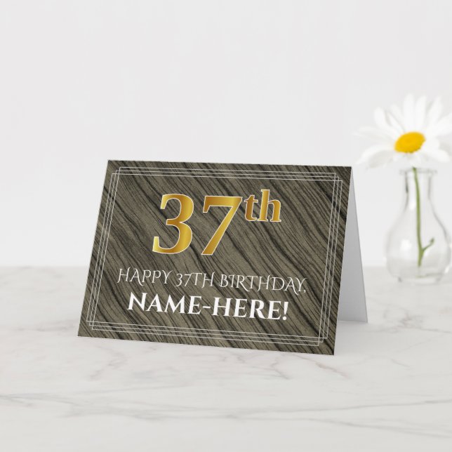 Elegant 37th Birthday: Faux Wood, Faux Gold Look Card (Small Plant)