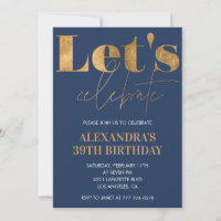 Elegant 39th birthday invitations Navy Blue Gold