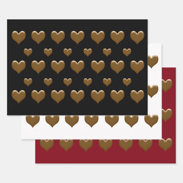 Elegant 3 Colour Large Brushed Gold Hearts Wrapping Paper Sheet (Set)