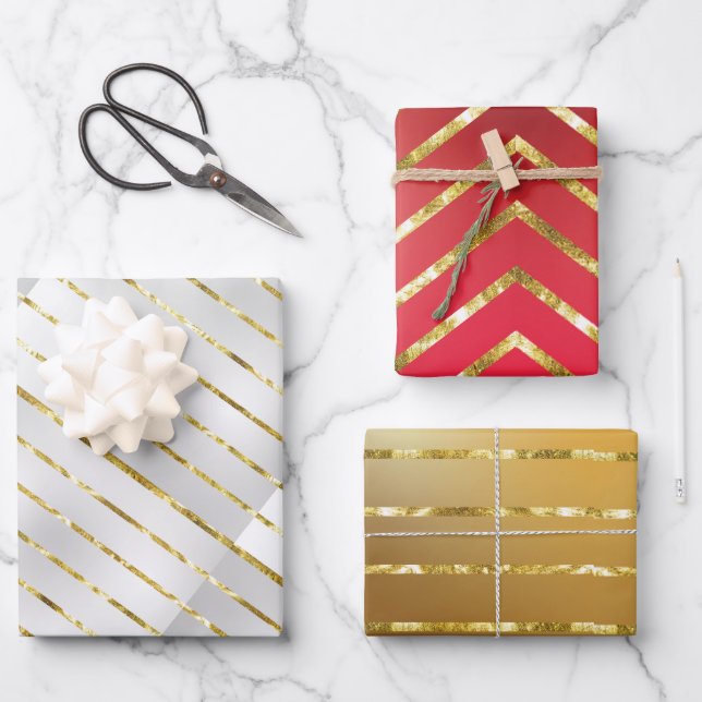 Elegant 3 Colours Gold Merry Christmas Wrapping Pa Wrapping Paper Sheet (Front)