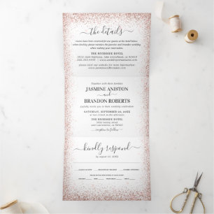 Elegant 3 in 1 Rose Gold Glitter Wedding Tri-Fold Invitation