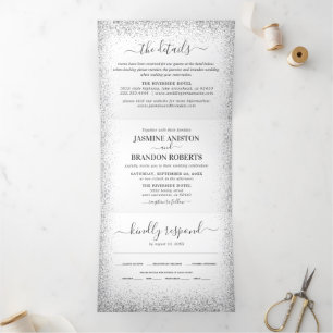 Elegant 3 in 1 Silver Glitter Wedding Tri-Fold Invitation