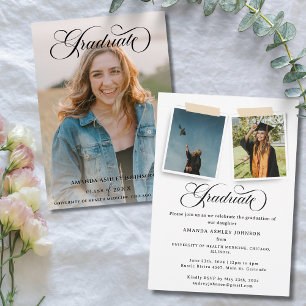 Elegant 3 Photo Black White Calligraphy Graduation Invitation