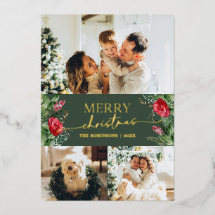 Elegant 3 Photo Botanical Merry Christmas Gold Foil Holiday Card