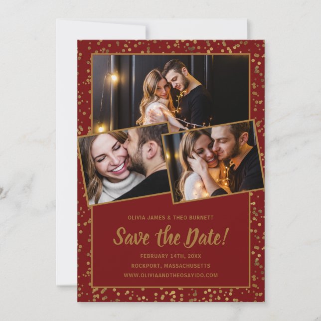 Elegant 3 Photo Burgundy Red Gold Save The Date (Front)