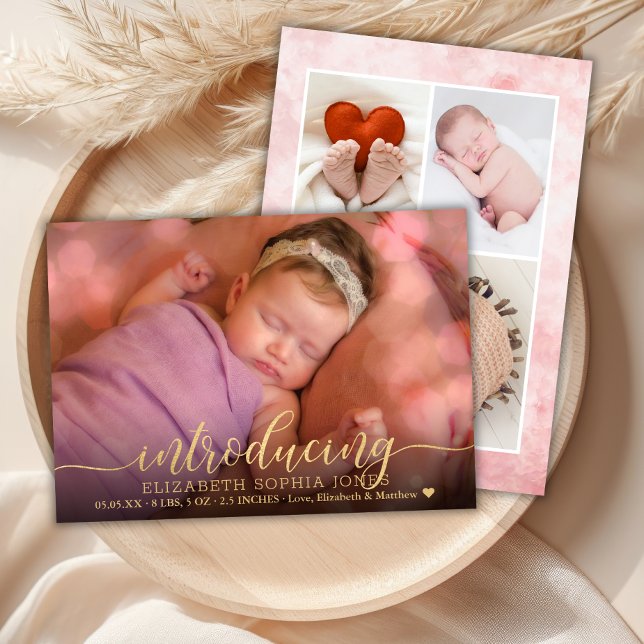 Elegant 3 Photo Collage Birth Announcement Card (Creator Uploaded)