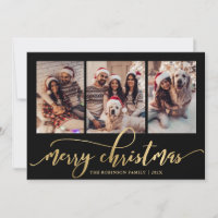 Elegant 3 Photo Collage Black and Gold Christmas