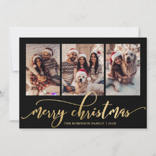 Elegant 3 Photo Collage Black and Gold Christmas Holiday Card