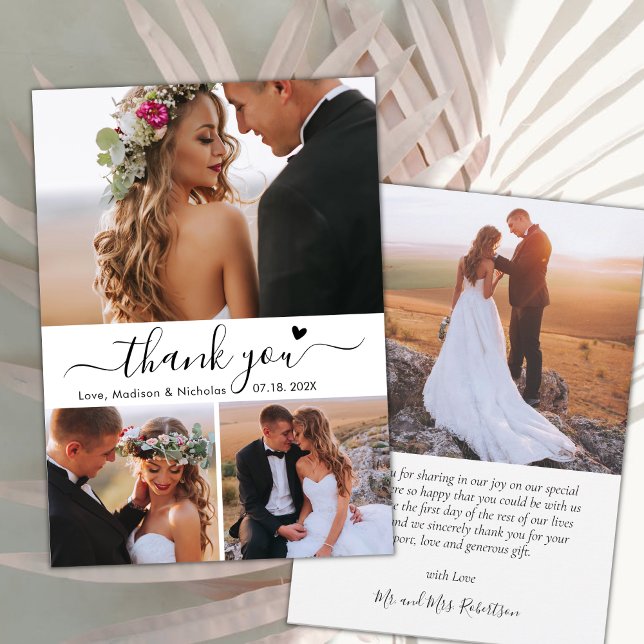 Elegant 3 Photo Collage Calligraphy Script Wedding Thank You Card (Creator Uploaded)