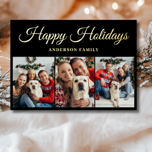 Elegant 3 Photo Collage Christmas Gold  Foil Holiday Card