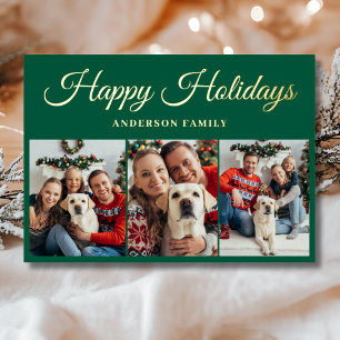Elegant 3 Photo Collage Christmas Gold Foil Holiday Card
