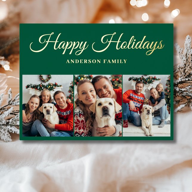 Elegant 3 Photo Collage Christmas Gold  Foil Holiday Postcard (Creator Uploaded)