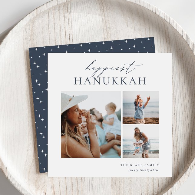 Elegant 3 Photo Collage Happiest Hanukkah Holiday Card (Creator Uploaded)