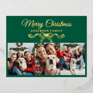Elegant 3 Photo Collage Merry Christmas Gold Foil Holiday Postcard
