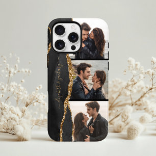 Elegant 3 Photo Collage Names Black Gold Agate iPhone 13 Case