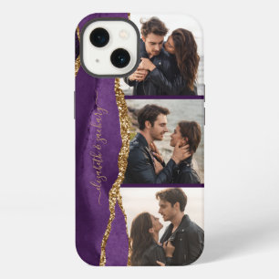 Elegant 3 Photo Collage Names Purple Gold Agate iPhone 13 Case