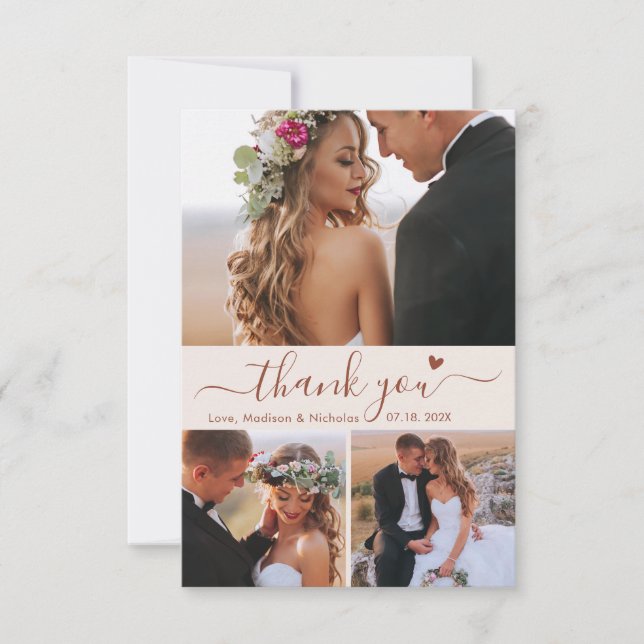 Elegant 3 Photo Collage Terracotta Script Wedding  Thank You Card (Front)