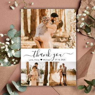 Elegant 3 Photo Collage Typography Script Wedding Thank You Card