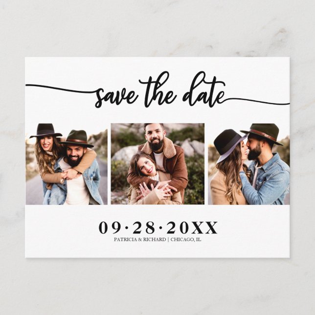 Elegant 3 Photo Collage Wedding Save The Date Postcard (Front)