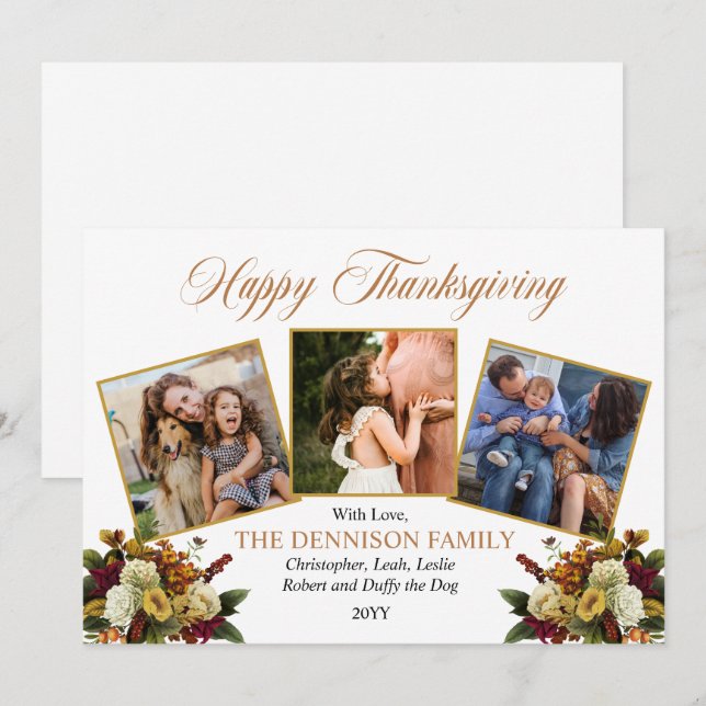 Elegant 3 Photo Family Floral Happy Thanksgiving  Holiday Card (Front/Back)