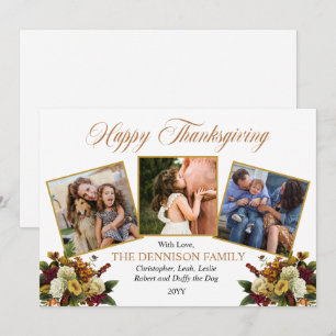 Elegant 3 Photo Family Floral Happy Thanksgiving  Holiday Card