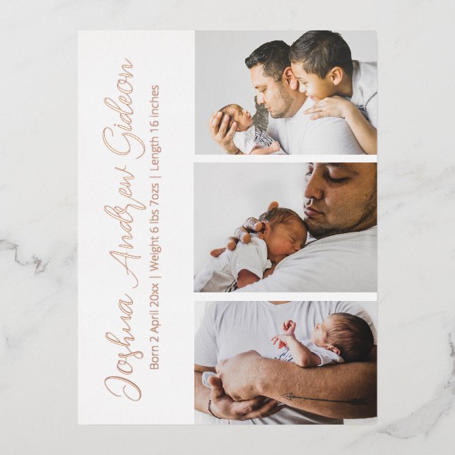 Elegant 3 Photo Foil Birth Announcement Postcard (Front)