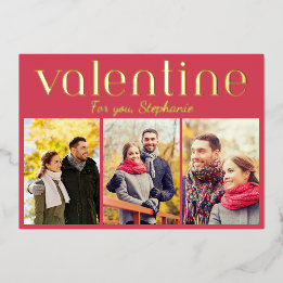 Elegant 3 Photo Gallery Valentine's Day Red Custom Foil Holiday Card