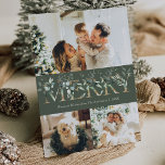 Elegant 3 Photo Gold & Greenery Merry Christmas Holiday Card<br><div class="desc">Elegant 3 photo holiday card with a clean and modern look,  featuring gold & greenery graphics,  with a winter botanical gold pattern back.</div>