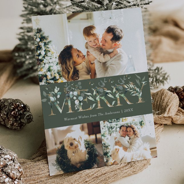 Elegant 3 Photo Gold & Greenery Merry Christmas Holiday Card (Creator Uploaded)
