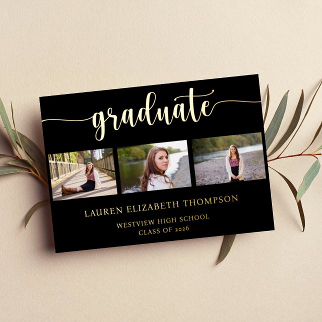 Elegant 3 Photo Graduation Black Gold (Creator Uploaded)