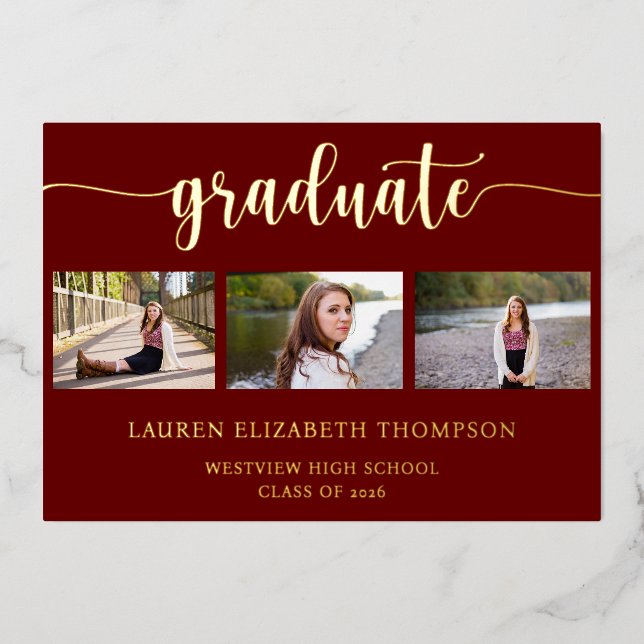 Elegant 3 Photo Graduation Red Gold (Front)
