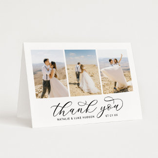 Elegant 3 Photo Landscape Script Wedding Thank You Card