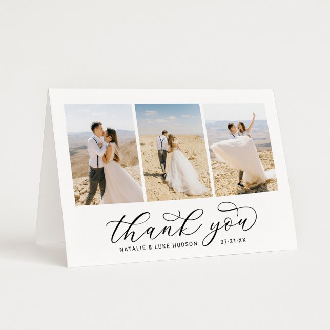 Elegant 3 Photo Landscape Script Wedding Thank You Card (Creator Uploaded)