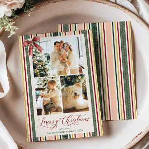 Elegant 3 Photo Merry Christmas Vintage Stripe Bow Holiday Card
