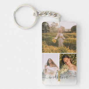 Elegant 3 Photo Monogram Custom Graduate Keepsake Key Ring