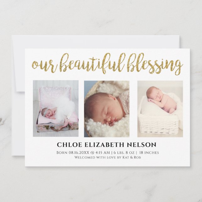 Elegant 3 photo Our Beautiful Blessing Gold Simple Announcement (Front)