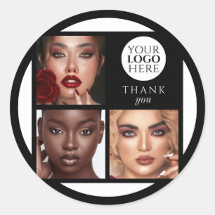 Elegant 3 Photo Text Black Logo Thank You Makeup Classic Round Sticker