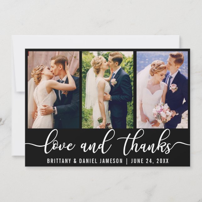 Elegant 3 Photo Wedding Love and Thanks B Thank You Card (Front)
