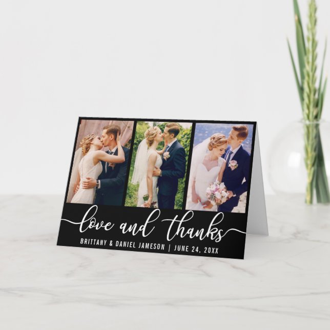 Elegant 3 Photo Wedding Love and Thanks Fold B Thank You Card (Front)