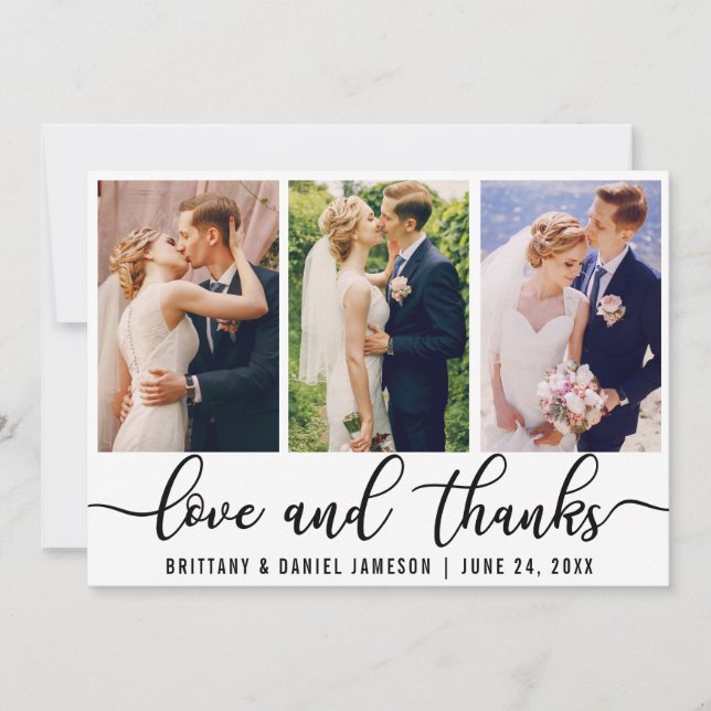 Elegant 3 Photo Wedding Love and Thanks Thank You Card (Front)