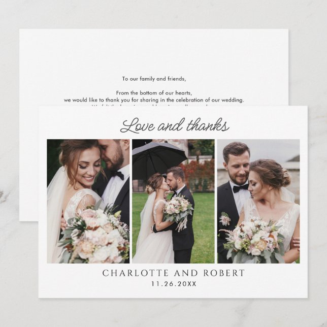 Elegant 3 Photo Wedding Thank You Card (Front/Back)