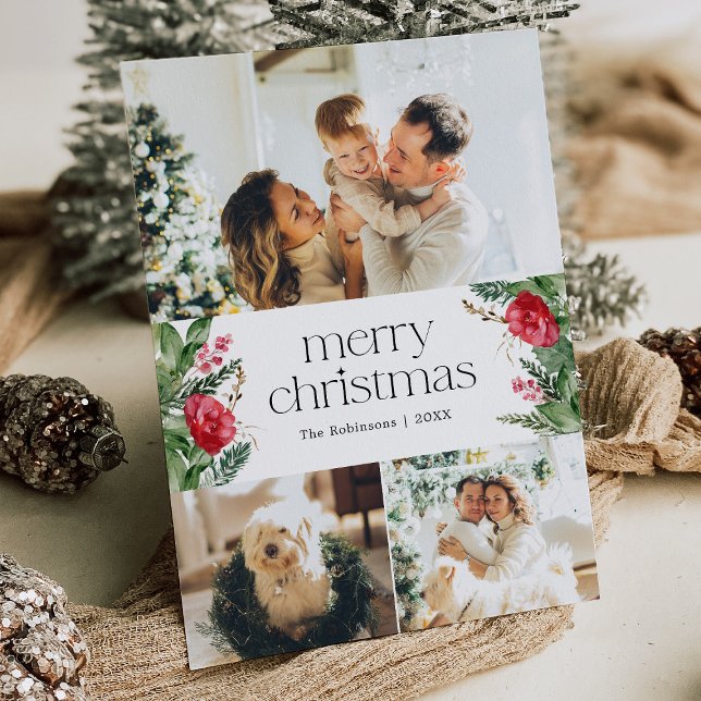 Elegant 3 Photo Winter Botanical Merry Christmas Holiday Card (Creator Uploaded)