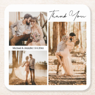 elegant 3 photos  thank you wedding favour square paper coaster