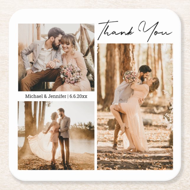 elegant 3 photos  thank you wedding favour square paper coaster (Front)
