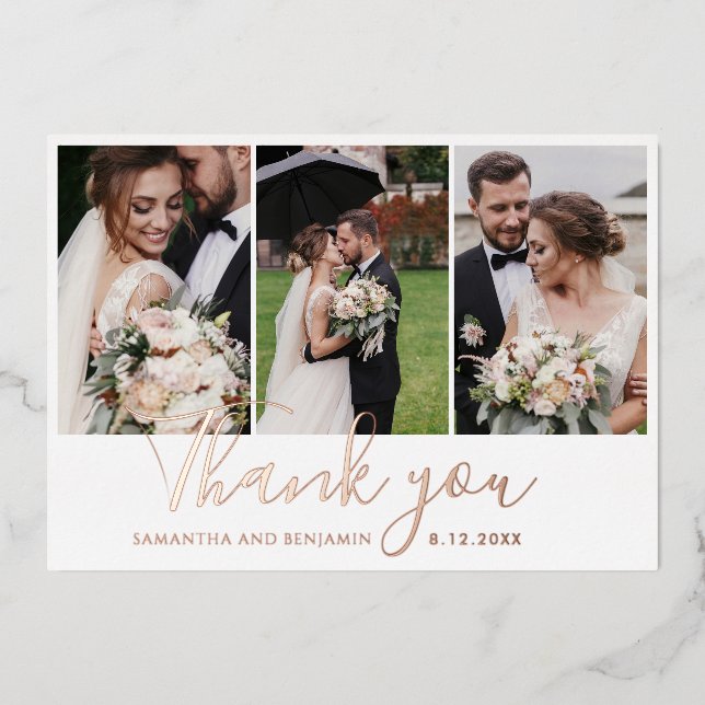 Elegant 3 Wedding Photos Thank You Gold Foil Card (Front)
