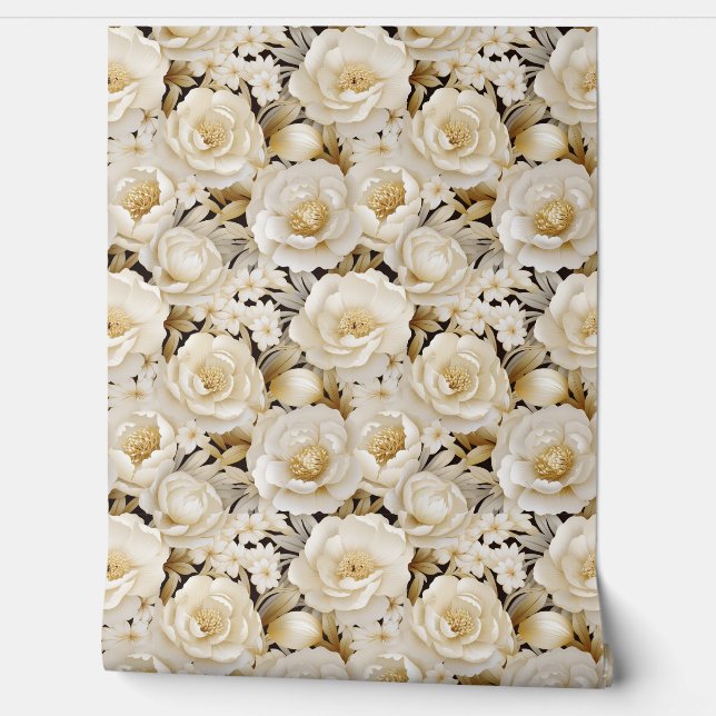 Elegant 3d cream and gold flowers spring floral wallpaper (Unrolling)