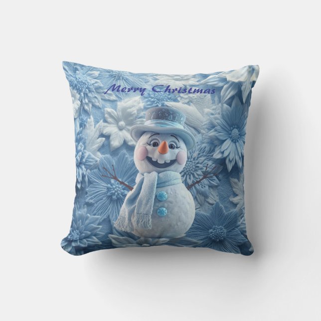 Elegant 3D Icy Blue Floral Adorable Snowman  Cushion (Front)
