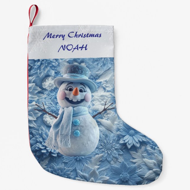 Elegant 3D Icy Blue Floral Adorable Snowman  Small Christmas Stocking (Front)