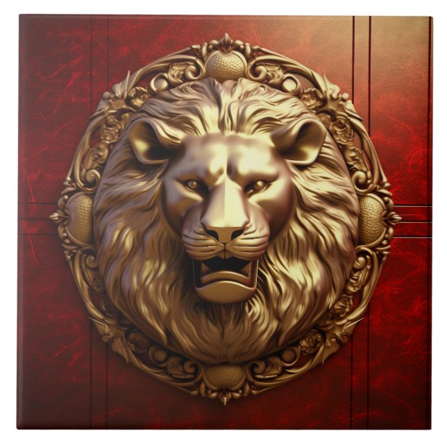 Elegant 3D Lion Mask on Red Wall Ceramic Tile (Front)